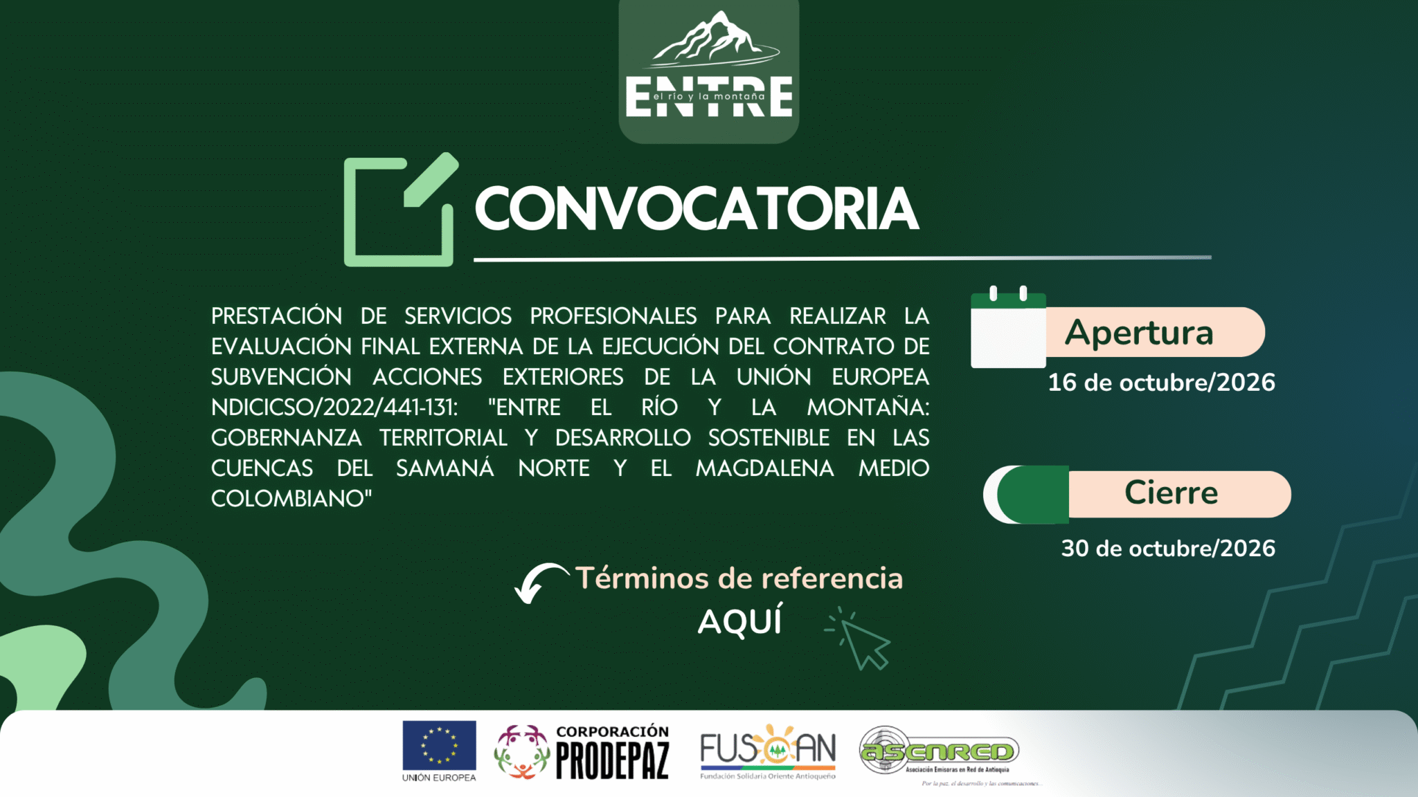 Prestación de servicios profesionales para realizar la evaluación final externa de la ejecución del contrato de subvención